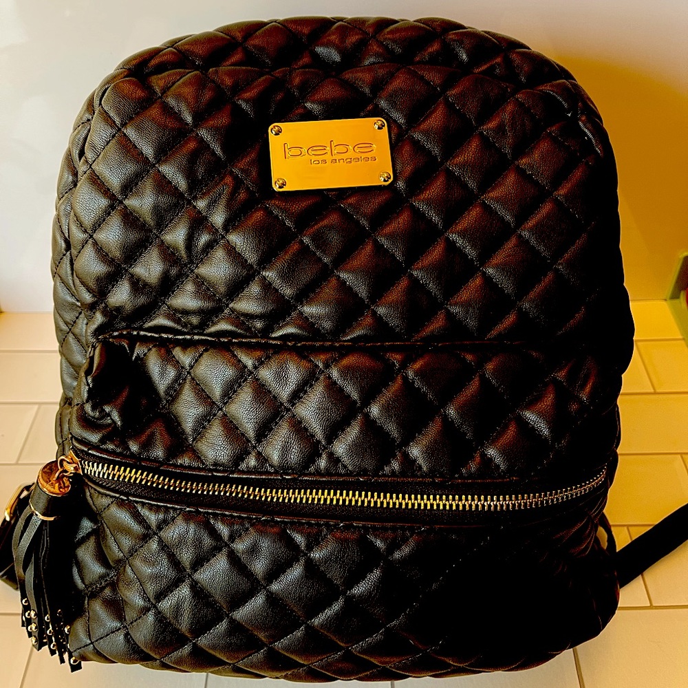 BEBE Danielle Gold Black Quilted Large Backpack Purse